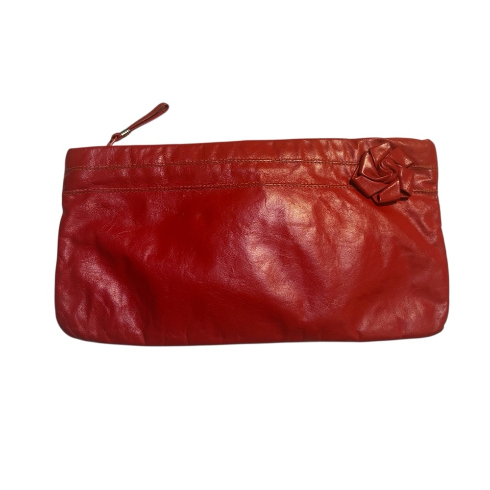 Vintage Clutch Red Faux Leather with 3D Floral Accent Zippered Close Classic